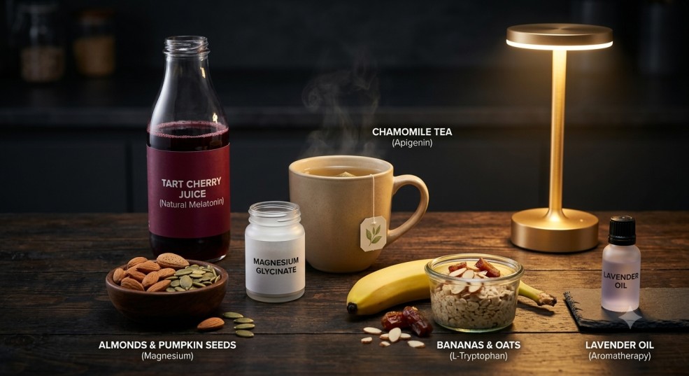 A dark wooden table displaying natural sleep-supporting foods like almonds, pumpkin seeds, tart cherry juice, and chamomile tea, illustrating how to sleep better naturally through nutrition.