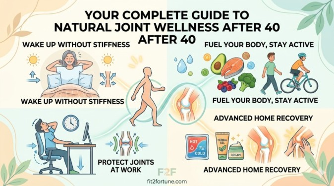 A complete guide infographic summarizing how to manage joint stiffness after 40 naturally. The image features five distinct panels with icons on a clean, bright background. It covers waking up comfortably, eating joint-friendly foods (avocado, salmon, berries) and exercising (walking, cycling), ergonomic office habits to protect joints at work, and advanced home recovery therapies (contrast therapy, topical gels, epsom salt soak, self-massage). The central title is 'NATURAL JOINT WELLNESS AFTER 40', supported by stylized leaves. All text is clearly readable in black font, with the fit2fortune.com URL and logo at the bottom.