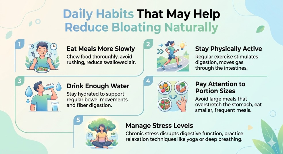 An infographic detailing six potential reasons for bloating, answering the question "why am I bloated after eating?" It covers: Slow food breakdown, Gas build-up in the stomach, Changes in gut bacteria, Constipation and digestive sluggishness, Food sensitivities, and Stress affecting digestive function.