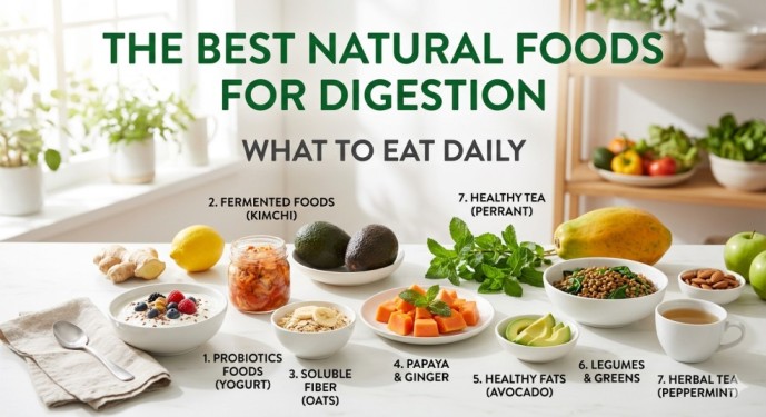 A top-down view of a bright kitchen counter with labeled food items. Large green text at the top reads: "THE BEST NATURAL FOODS FOR DIGESTION: ESSENTIAL DAILY CHOICES." The image shows seven specific numbered choices: yogurt, kimchi, oatmeal, papaya, avocado, legumes, and herbal tea, with smaller descriptive text and a sub-heading "WHAT TO EAT DAILY." All items are fresh and arranged for optimal visibility.