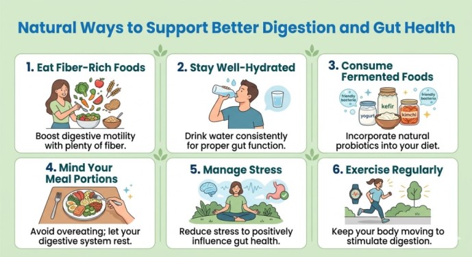 A light green background infographic displaying 6 natural ways to improve digestion and support gut health. It covers eating fiber-rich foods, staying hydrated, consuming fermented foods with probiotics, managing stress, mindful meal portions, and regular exercise to reduce acidity and heartburn naturally.