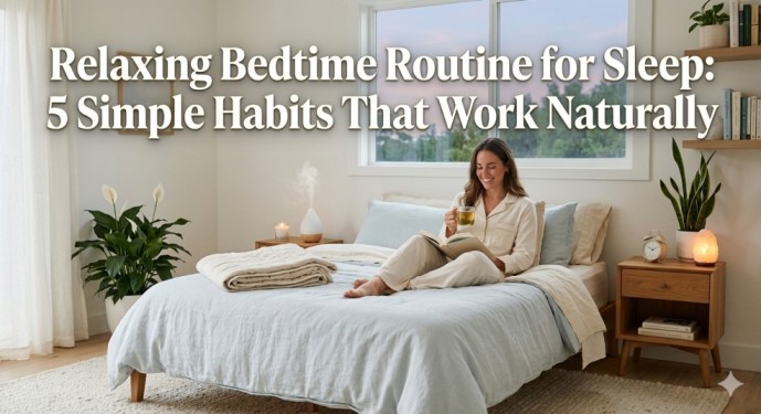 A woman practicing a relaxing bedtime routine for sleep by reading a book and drinking herbal tea in a bright, cozy bedroom.