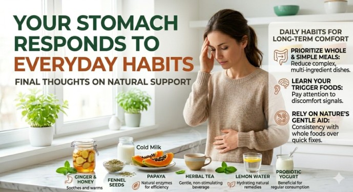 A woman stands in a bright kitchen, thoughtfully holding her stomach and head, contemplating the title text: "YOUR STOMACH RESPONDS TO EVERYDAY HABITS - FINAL THOUGHTS ON NATURAL SUPPORT". On the marble counter, natural remedies like Ginger & Honey, Fennel Seeds, Papaya, Herbal Tea, Lemon Water, and Pro