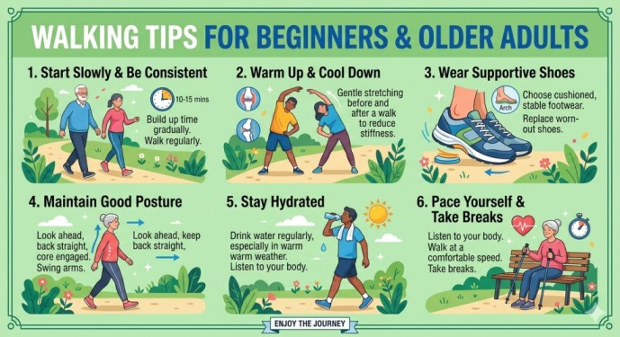 An informative infographic presenting safe walking tips for beginners and older adults on a light green background, emphasizing how walking for joint health involves starting slowly, warming up, wearing supportive shoes, maintaining posture, staying hydrated, and pacing yourself.
