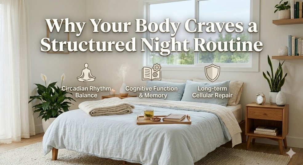 An infographic explaining why your body craves a relaxing bedtime routine for sleep, highlighting biological balance and night recovery in a cozy bedroom setting.