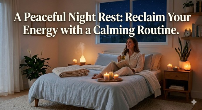 A beautiful featured image showing a woman enjoying a relaxing bedtime routine for sleep in a cozy, warm-lit bedroom during the night.