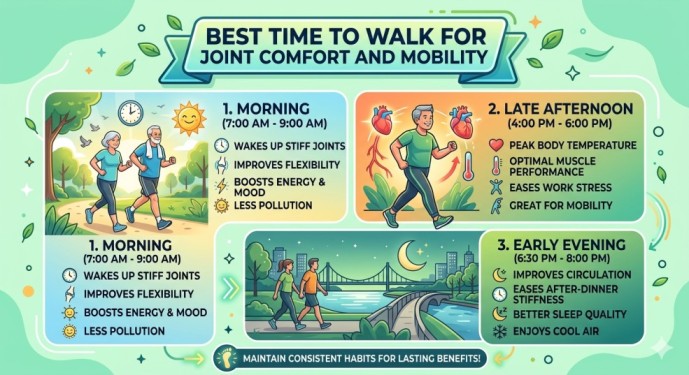 An attractive infographic exploring the best time to walk for joint comfort and mobility on a light green background, highlighting how morning, late afternoon, and early evening routines optimize walking for joint health to wake up stiff joints, improve flexibility, and ease discomfort.