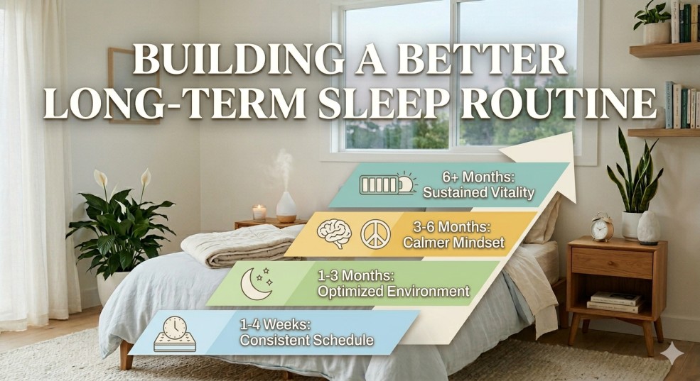 A long-term growth chart illustration on how to maintain a relaxing bedtime routine for sleep over weeks and months to achieve sustained vitality and night rest.