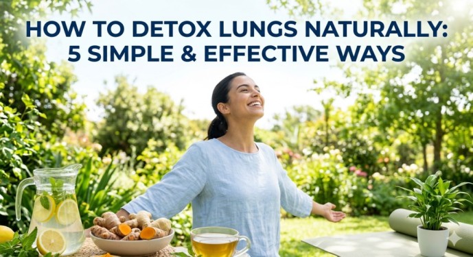 A happy woman breathing fresh air in a green garden, illustrating how to detox lungs naturally with lemon water, ginger, turmeric, and green tea on the table.