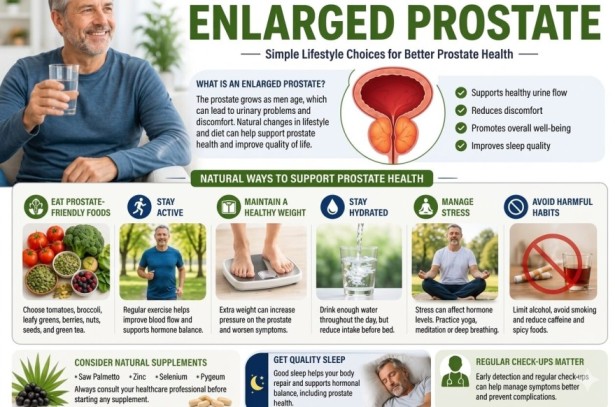Infographic showing natural ways to support an enlarged prostate through healthy foods, hydration, exercise, stress management, sleep, and lifestyle changes.