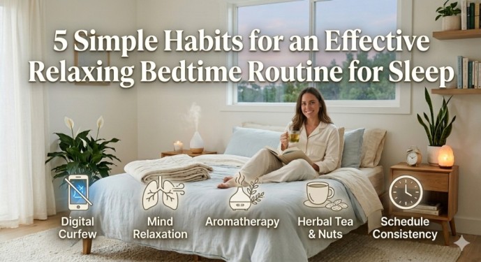 An engaging infographic illustration showing five simple habits—digital curfew, mind relaxation, aromatherapy, herbal tea, and schedule consistency—as part of an effective relaxing bedtime routine for sleep.