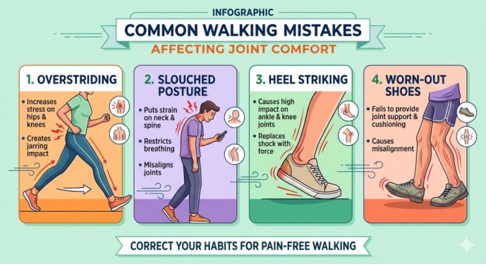 An educational infographic illustrating common walking mistakes that can harm joint comfort on a light green background, showing how to optimize walking for joint health by avoiding overstriding, slouched posture, heavy heel striking, and wearing worn-out shoes.