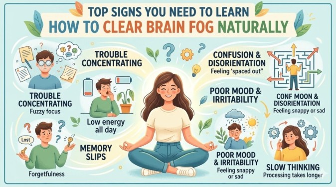 A detailed infographic explaining the top signs of mental fatigue and providing guidance on how to clear brain fog naturally and how to maintain brain health as you age.