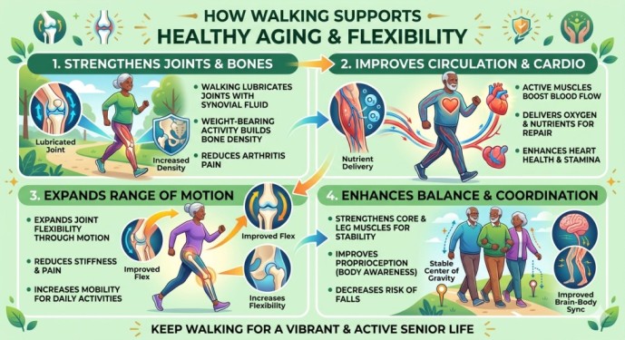 An informative infographic showing how walking for joint health supports healthy aging and flexibility on a light green background, detailing benefits like strengthening joints and bones, improving circulation, expanding range of motion, and enhancing balance for seniors.