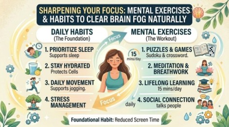 An infographic displaying a combination of daily habits and mental exercises, such as puzzles, meditation, and lifelong learning, to demonstrate how to clear brain fog naturally.