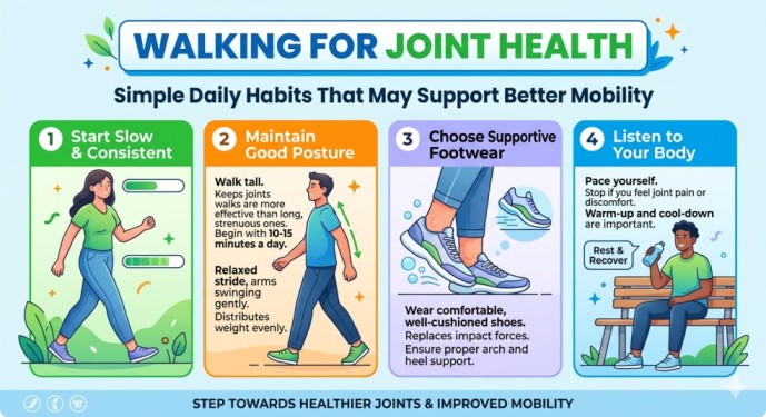 An educational infographic guide to walking for joint health, explaining how a consistent routine helps with initial pain relief, building support, enhancing repair, and extending range of motion for optimal mobility on a light green background.
