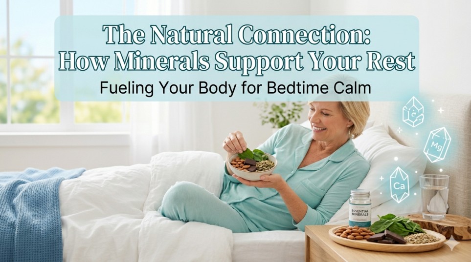 A bright bedroom setting with a smiling woman holding a healthy snack bowl, featuring mineral symbols and a bottle to highlight how minerals provide magnesium rich support for deep sleep.