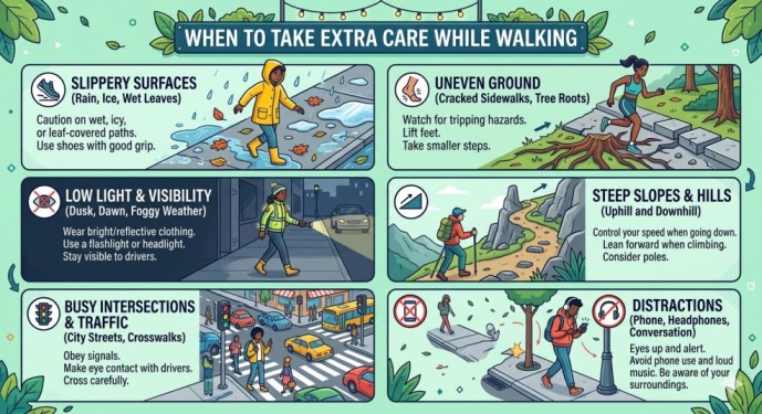 An educational infographic detailing when to take extra care while walking for joint health on a light green background, highlighting safety tips for slippery surfaces, uneven ground, low light visibility, steep slopes, busy traffic, and distractions to prevent falls and protect joints.
