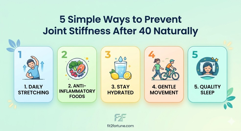 An infographic illustrating 5 simple, effective, and natural ways to prevent joint stiffness after 40 naturally. The image features five numbered, color-coded cards with clear icons: daily stretching for mobility, anti-inflammatory foods (like broccoli, berries, and fish), staying hydrated with water and lemons, gentle movement (walking and cycling), and quality sleep with a person resting comfortably. The bright design with soft greens and blues supports a holistic health approach without dark colors.