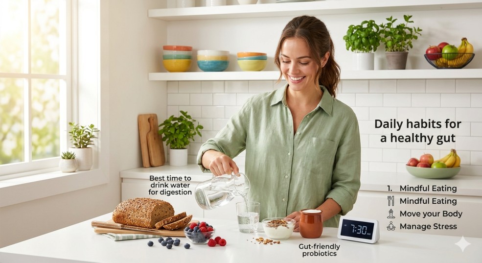 A infographic in a kitchen setting with a woman pouring water, displaying various items. A prominent text banner at the top says "BEST NATURAL FOODS FOR DIGESTION." The image also includes a checklist for "Daily habits for a healthy gut" and labels for "Best time to drink water for digestion," "Whole-grain bread," and "Gut-friendly probiotics."