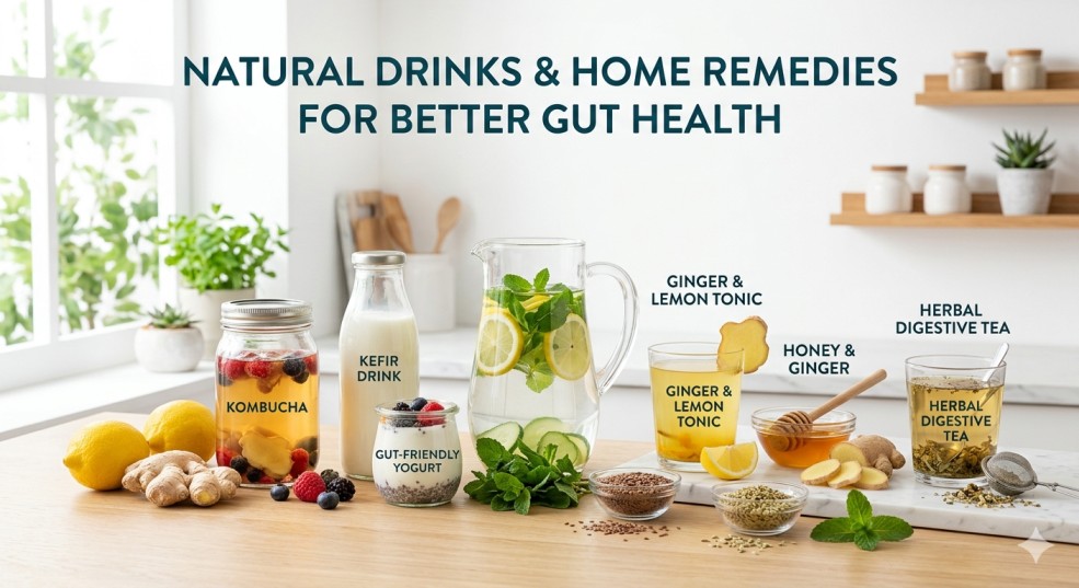 A bright kitchen counter displaying gut-friendly drinks like Kombucha, Kefir, and a ginger lemon tonic, alongside text that outlines how these remedies pair perfectly with the best natural foods for digestion to support healthy gut bacteria.