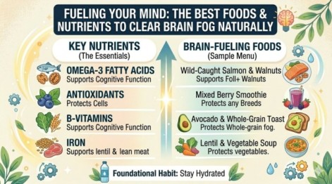 An educational infographic listing key nutrients like Omega-3, Antioxidants, and B-Vitamins, along with brain-boosting foods to show how to clear brain fog naturally.