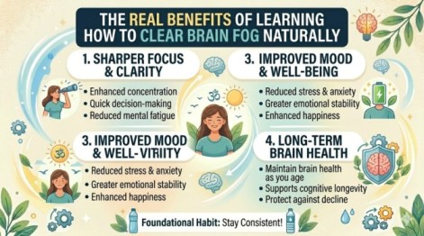 An infographic highlighting the top benefits of cognitive improvement, such as sharper focus, increased energy, and improved mood, demonstrating why learning how to clear brain fog naturally is essential for overall health.