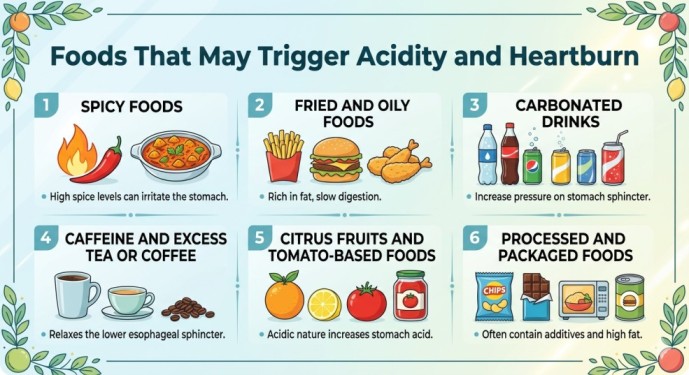 An infographic showcasing foods to avoid to reduce acidity and heartburn naturally. It lists 6 major triggers: spicy foods, fried and oily foods, carbonated drinks, caffeine, citrus fruits, and processed foods with clear illustrations.
