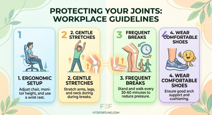 An attractive infographic illustration illustrating safe workplace guidelines to protect your joints during long working hours and prevent joint stiffness after 40 naturally. The image features four numbered, clean panels with friendly vector icons on a bright background. Panel 1 shows an Ergonomic Setup (adjusting chair, monitor height, using wrist rest). Panel 2 shows Gentle Stretches (stretching arms, legs, and neck during breaks). Panel 3 shows Frequent Breaks (standing and walking every 30-60 minutes to reduce pressure on lower body). Panel 4 shows Wearing Comfortable Shoes (ensuring good arch support and cushioning). The overall clean design incorporates subtle organic motifs and soft light gradients, with the fit2fortune.com URL and logo at the bottom.