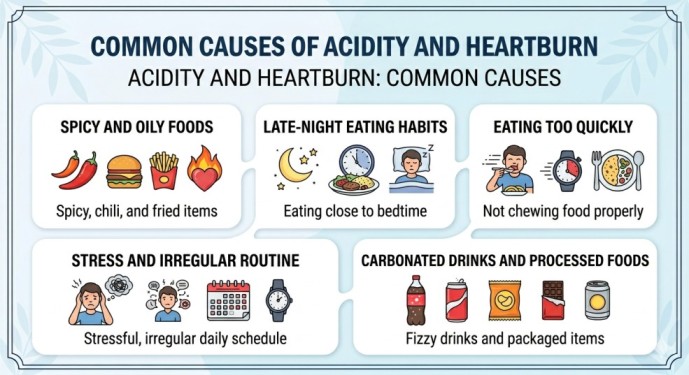An educational infographic showcasing common lifestyle triggers to help reduce acidity and heartburn naturally. It covers 5 key causes: spicy and oily foods, late-night eating habits, eating too quickly, stress/irregular routines, and carbonated drinks or processed foods with clean icons.
