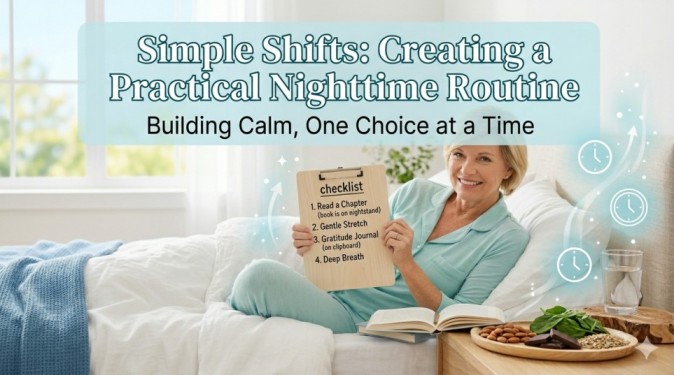 A bright bedroom with a woman showing a bedtime checklist clipboard next to a plate of healthy seeds and nuts, highlighting healthy lifestyle choices and magnesium rich support for deep sleep.