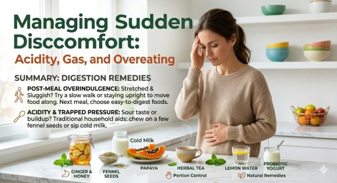 A woman stands in a bright kitchen, thoughtfully holding her stomach and head, experiencing discomfort like acidity, gas, or a stretched feeling from overeating. On the marble counter, natural remedies are neatly arranged and labeled: Ginger & Honey, Fennel Seeds, Papaya, Herbal Tea, Lemon Water, and Probiotic Yogurt. A text panel with icons provides a summary of DIGESTION REMEDIES, such as walking after heavy meals and using traditional kitchen aids like fennel or cold milk, highlighting the best natural foods for digestion for immediate relief.