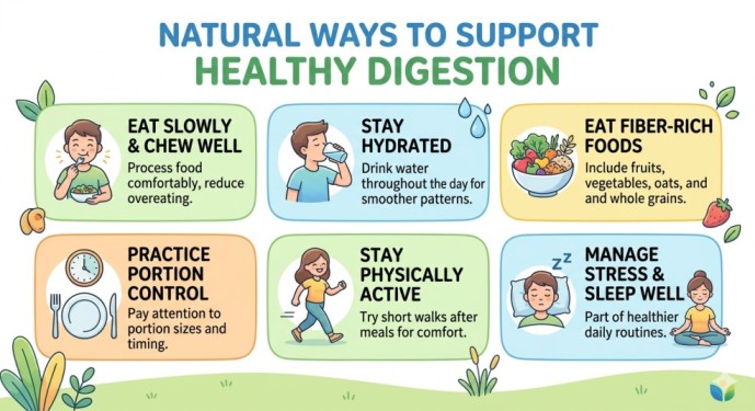An infographic sharing natural ways to prevent signs of poor digestion, featuring tips like eating slowly, staying hydrated, eating fiber-rich foods, and practicing portion control on a clean, light background.