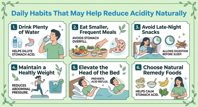 A light green infographic displaying daily healthy habits to reduce acidity and heartburn naturally. It features 6 actionable tips with clean text and illustrations: drinking plenty of water, eating smaller frequent meals, avoiding late-night snacks, maintaining a healthy weight, elevating the head of the bed, and choosing natural remedy foods.