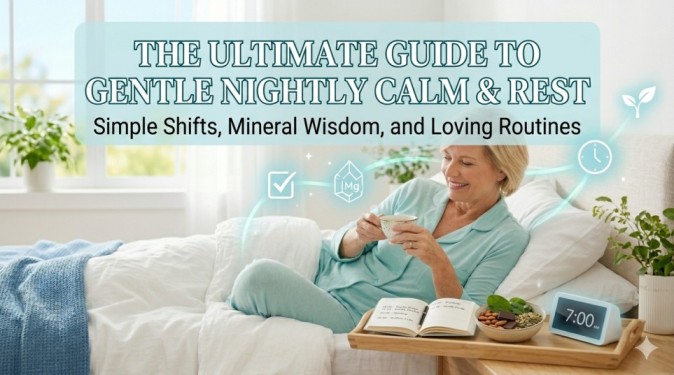 A bright, comfortable bedroom with a woman drinking a warm beverage in bed next to a bedtime journal, healthy snacks, and a magnesium symbol, representing magnesium rich support for deep sleep.