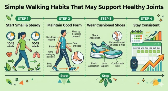 An educational infographic guide to walking for joint health on a light green background, detailing four steps for optimal mobility: initial pain relief, building muscle support, enhancing joint repair, and extending range of motion.