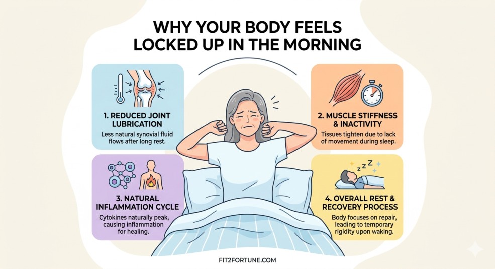 Infographic explaining 4 morning reasons and tips to prevent joint stiffness after 40 naturally.