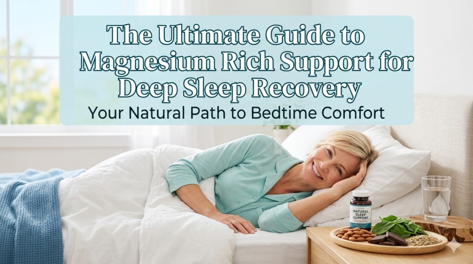 A bright bedroom scene showing a relaxed woman in bed with magnesium rich foods like spinach, nuts, and chocolate on a nightstand, representing magnesium rich support for deep sleep.