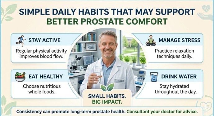 Infographic showing simple daily habits to manage an enlarged prostate naturally, including drinking water, exercise, and avoiding caffeine.