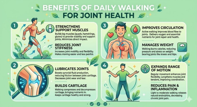 An educational infographic detailing the benefits of daily walking for joint health, covering initial pain relief, building support muscles, enhancing joint repair, and extending range of motion for optimal mobility on a light green background.
