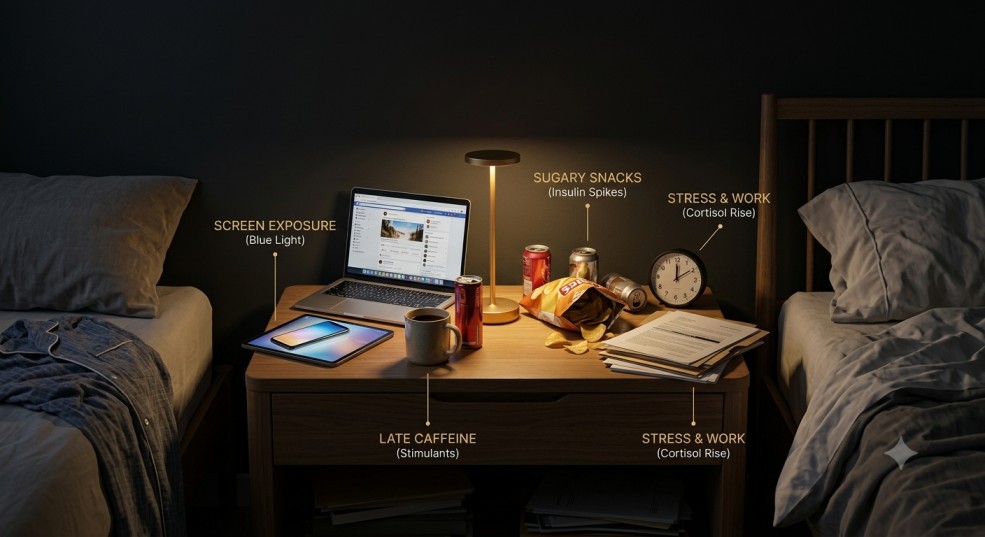 A messy nightstand with a laptop, smartphone, coffee mug, and late-night snacks on a dark background, showing bad habits to avoid on how to sleep better naturally.