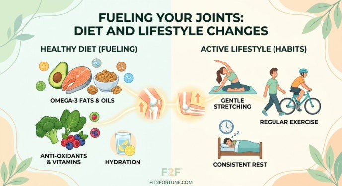 An attractive infographic illustration illustrating how specific diet and lifestyle changes help prevent joint stiffness after 40 naturally. The image has a light, clean background and features colorful vector icons. The left side, titled 'HEALTHY DIET (FUELING)', shows icons for Omega-3 Fats & Oils (avocado, salmon, walnuts), Antioxidants & Vitamins (broccoli, spinach, berries), and Hydration (water with lemon). The right side, titled 'ACTIVE LIFESTYLE (HABITS)', displays icons for Gentle Stretching, Regular Exercise (walking and cycling), and Consistent Rest (person sleeping). A central illustration shows healthy joints glowing with soft energy, all working together to support comfortable mobility without reliance on medications. The main heading 'FUELING YOUR JOINTS: DIET AND LIFESTYLE CHANGES' is clear at the top, and 'FIT2FORTUNE.COM' is at the bottom center.