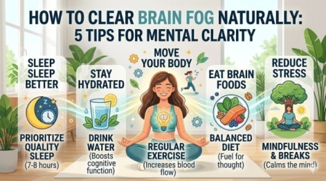 A bright and dynamic feature image showing five lifestyle tips—sleep, hydration, exercise, diet, and stress reduction—to demonstrate how to clear brain fog naturally for mental clarity