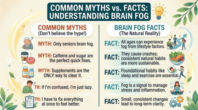 A comparison infographic showing common myths versus facts about mental fatigue, highlighting how to clear brain fog naturally through consistent lifestyle habits rather than quick fixes.