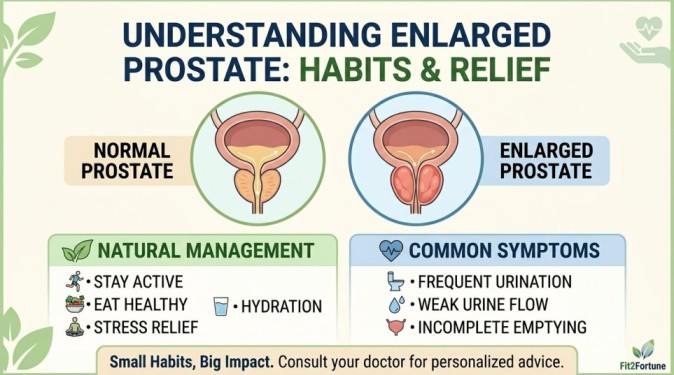 Simplified infographic guide comparing normal and enlarged prostate, with sections on natural management habits (Diet, Exercise) and common symptoms like frequent urination and weak flow.