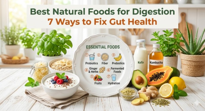 A table setting featuring yogurt, oatmeal, kefir, kombucha, papaya, and ginger with a central plate detailing seven points on the best natural foods for digestion and fixing gut health.