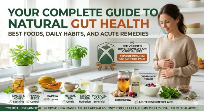 A featured blog image titled 'Your Complete Guide to Natural Gut Health' showing a smiling woman holding her stomach in a bright kitchen. On the kitchen counter, the best natural foods for digestion are displayed, including ginger & honey, fennel seeds, papaya, herbal tea, probiotic yogurt, kombucha, and kefir drink, alongside an affiliate product box and a medical disclaimer.