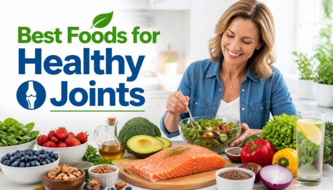 Best foods for healthy joints feature image showing salmon, berries, leafy greens, nuts, seeds, healthy meals, and hydration that may support better mobility, flexibility, and overall joint wellness naturally.
