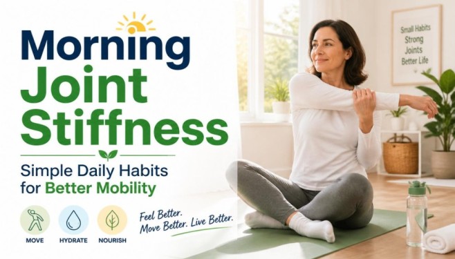 Morning joint stiffness feature image showing a person doing gentle morning stretching and healthy daily habits that may support better mobility, flexibility, and joint comfort naturally.