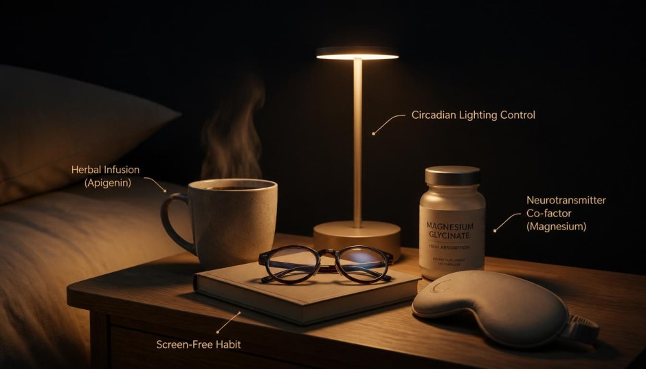 A dark cozy nightstand setup with warm lighting, herbal tea, and an open journal illustrating how to sleep better naturally.